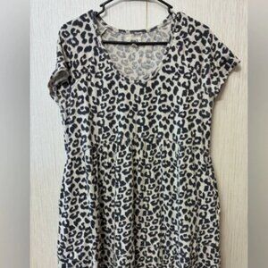 Pact Animal Leopard Knit Dress L Tiered Short Sleeves Empire Org Cotton Blend